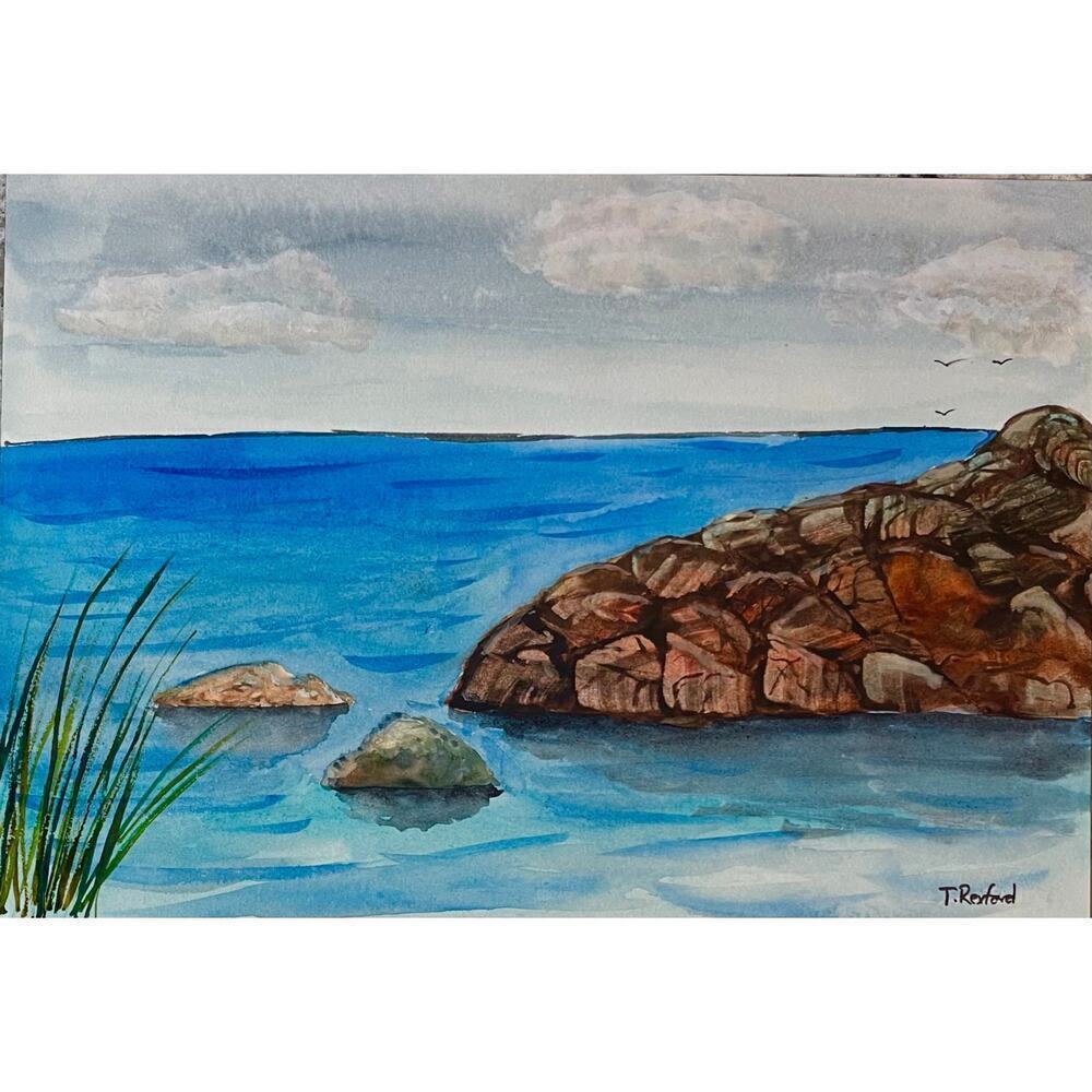 Hand painted watercolor original painting rocky shoreline